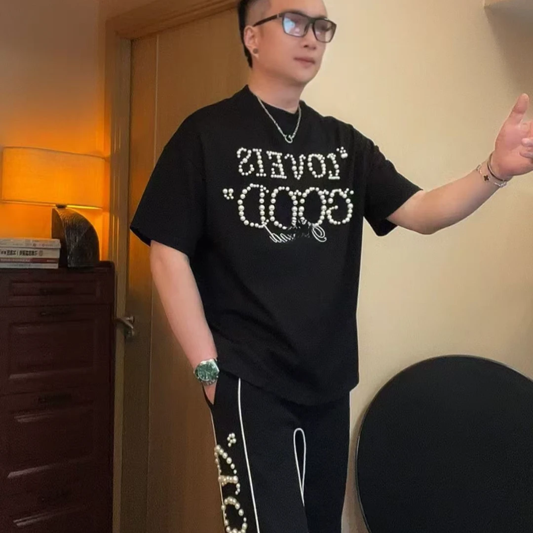 时尚潮流纯棉【GD双排珍珠】短袖T恤，男女同款