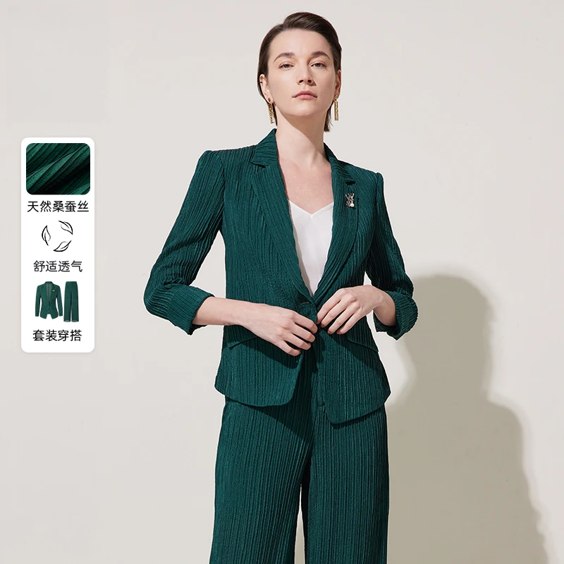 赢智尚墨绿色高端桑蚕丝气质时尚西装女显瘦2024夏季ZA01925