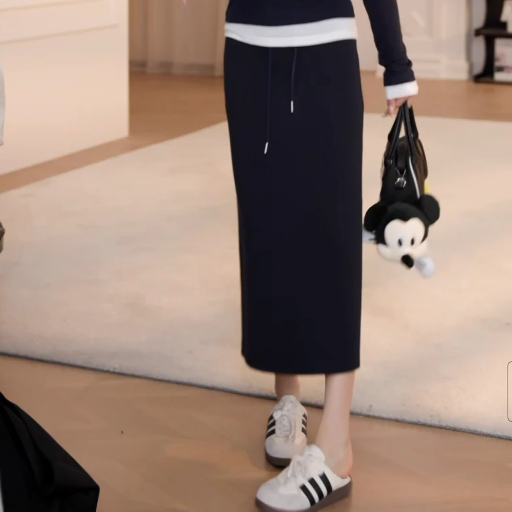 显瘦抽绳黑色秋冬高腰半身裙时尚休闲宽松气质韩版收腰中长款减龄