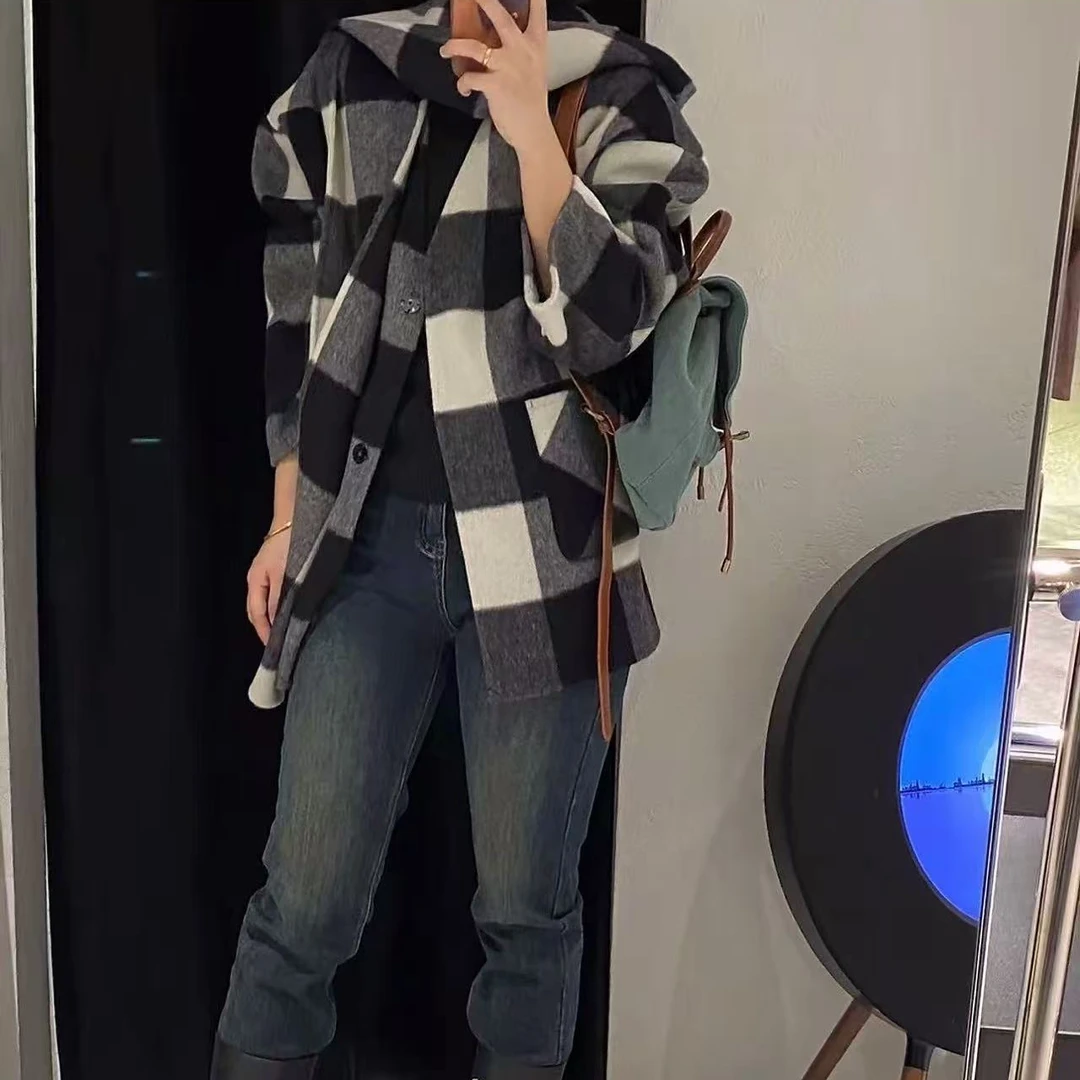 法式轻奢绵羊毛外套秋冬格子连帽宽松千金名媛大衣外套女2664