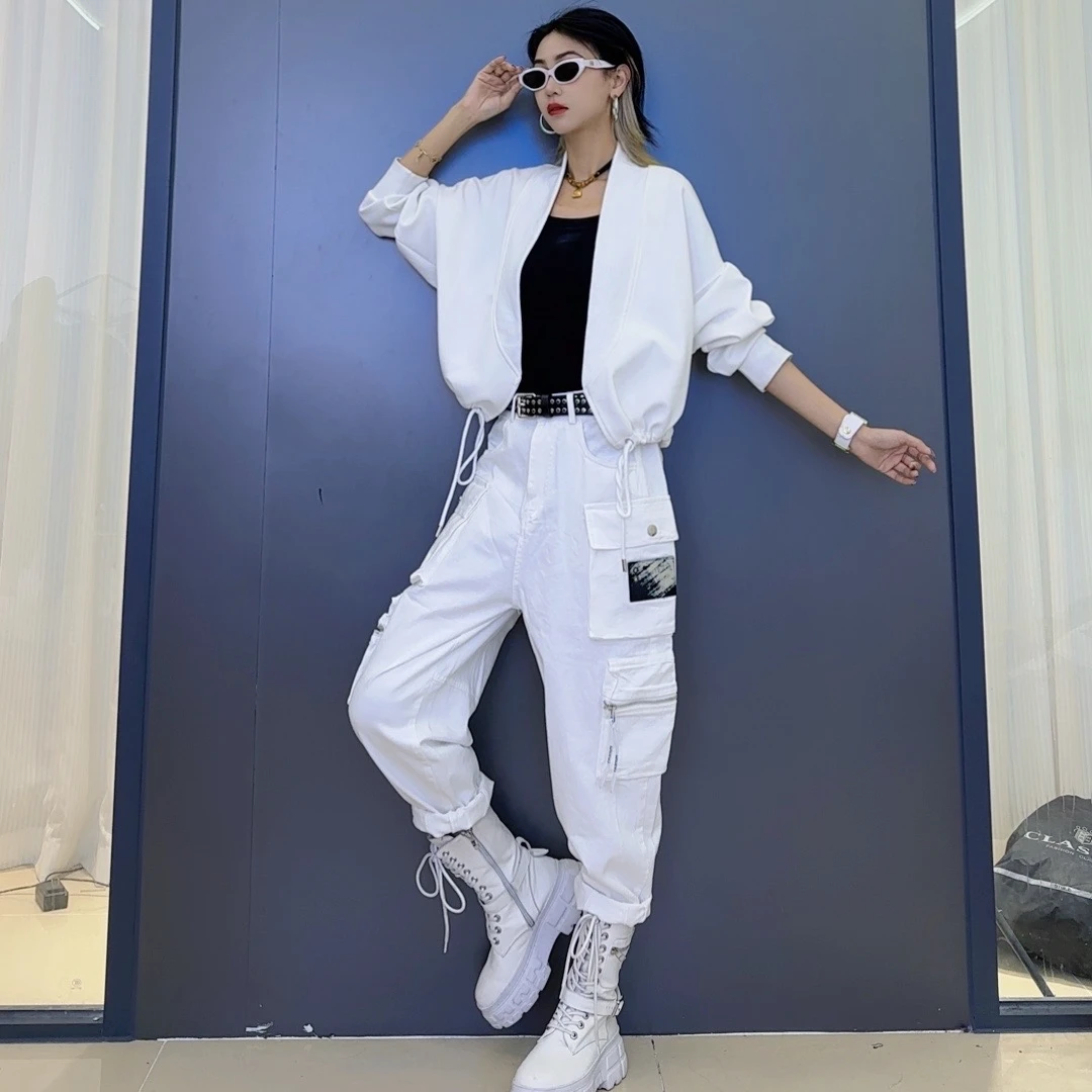春款潮流开衫韩版长袖百搭外套-拼接休闲工装口袋时尚哈伦牛仔裤