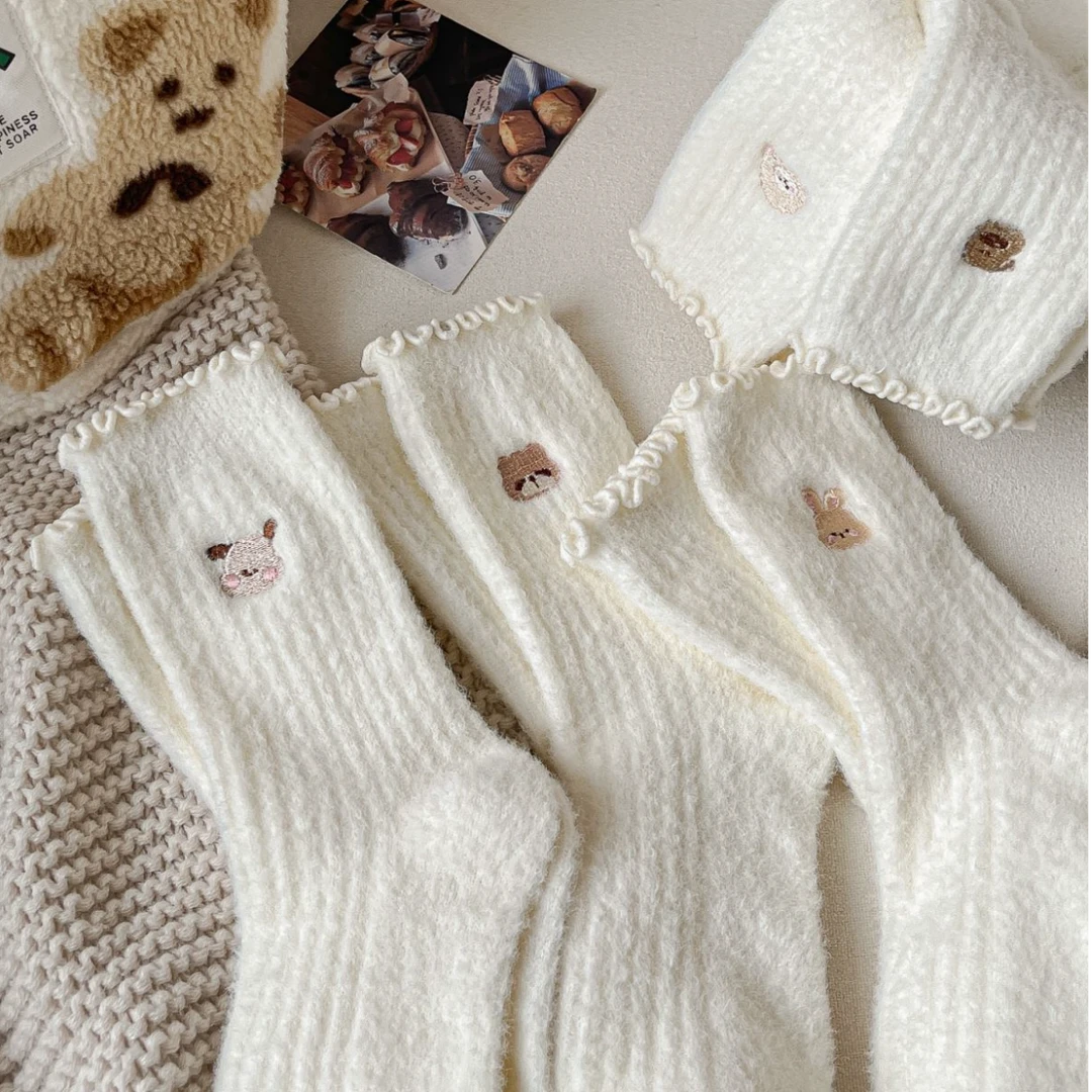 冬季加绒加厚中筒袜子奥绒毛木耳花边袜子蝴蝶结可爱风