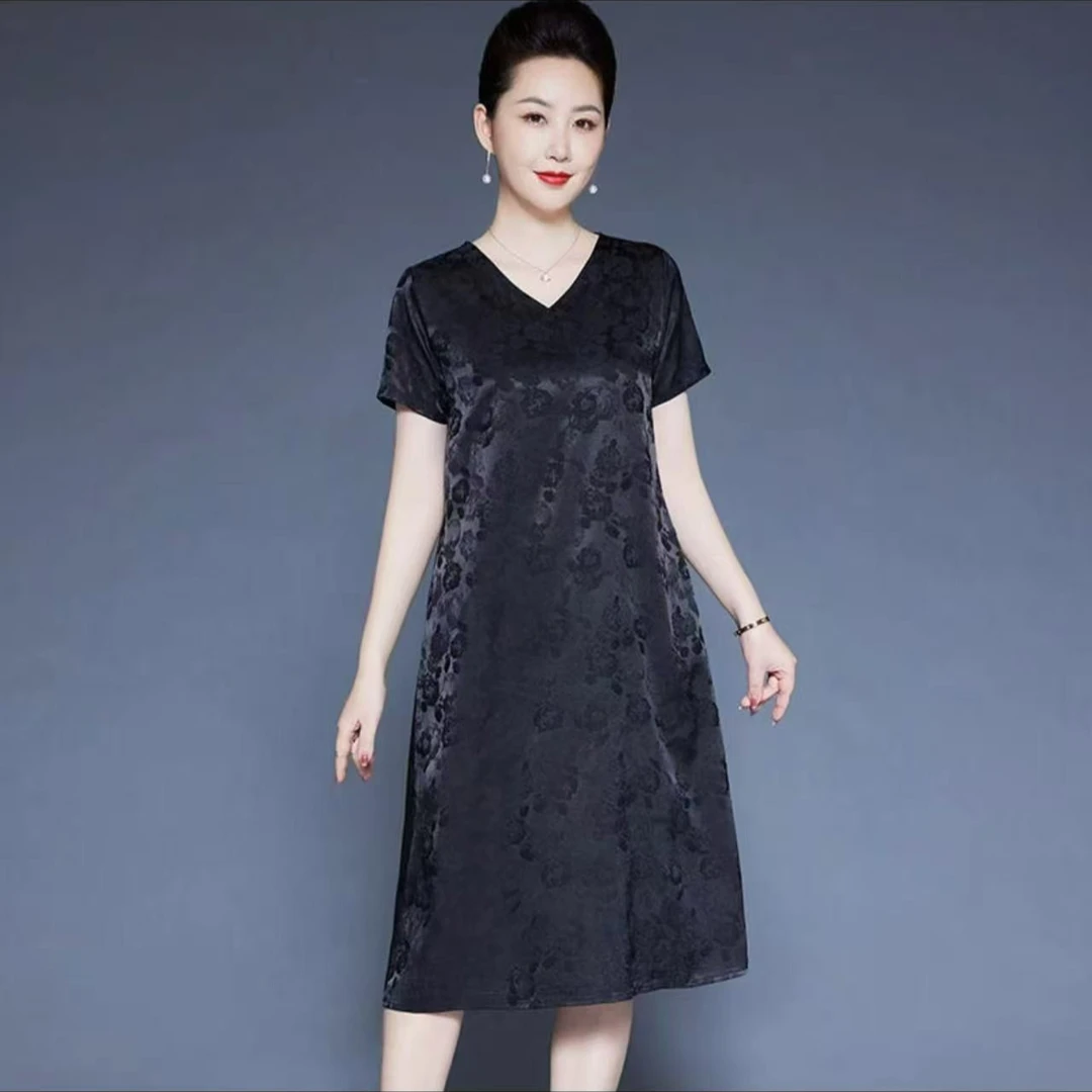 （众衣）提花玫瑰黑新款上新直筒短袖带口袋连衣裙