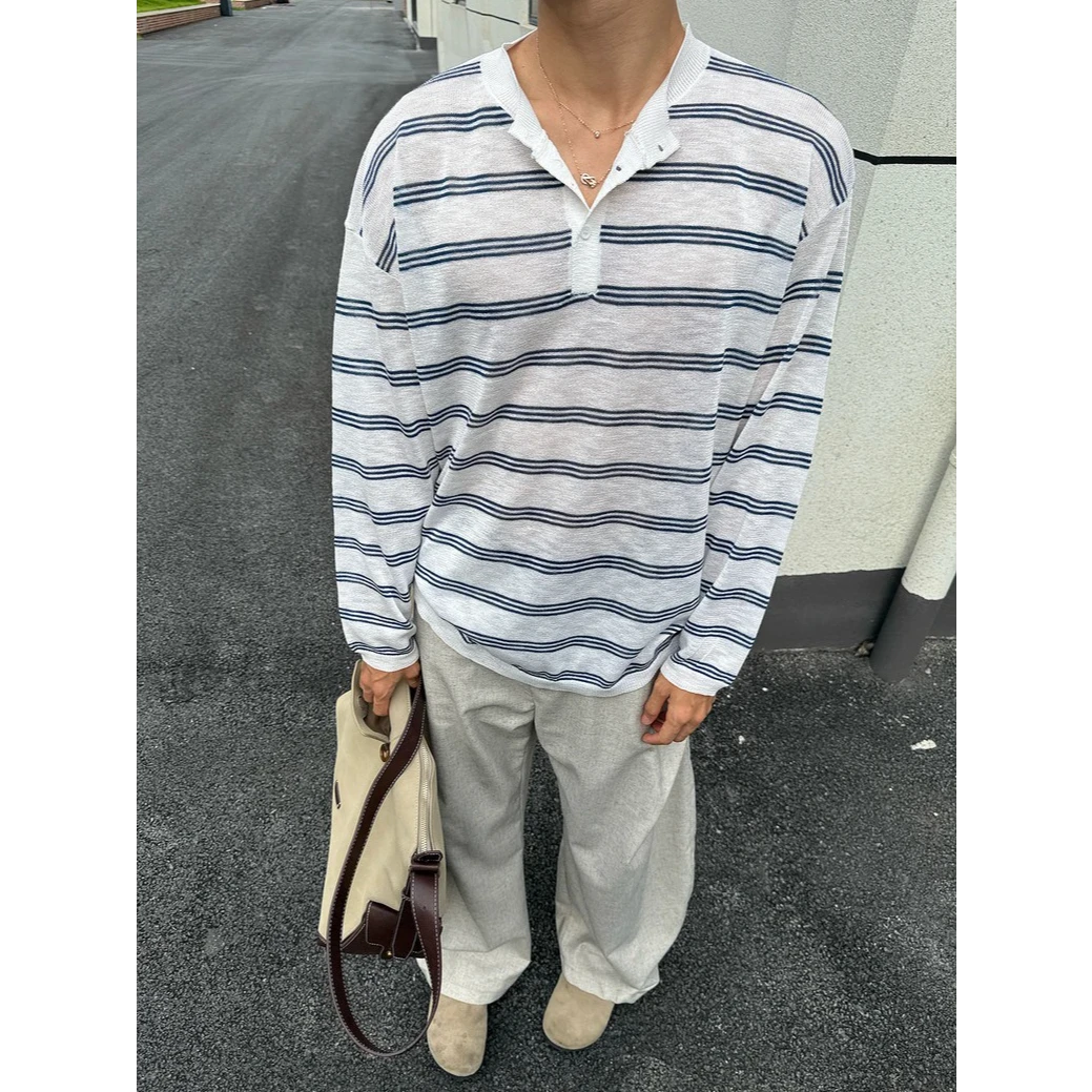 【职场男Alpha】Bloom秋季新款条纹亨利领长袖T恤宽松百搭打底衫男