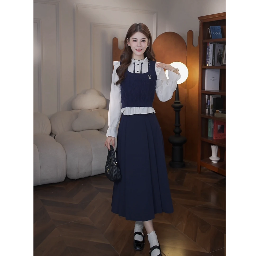 鹿向南【海湾蓝调】秋季新款学院风气质套装女三件套衬衫半身裙