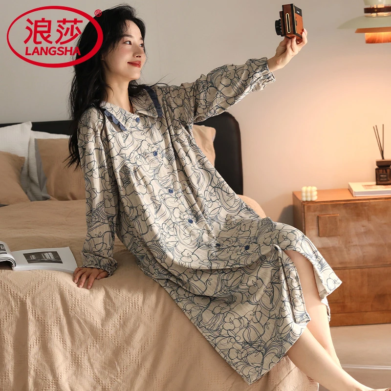 浪莎睡裙女士睡衣春秋款纯棉长袖家居服法式韩版公主风秋季连衣裙