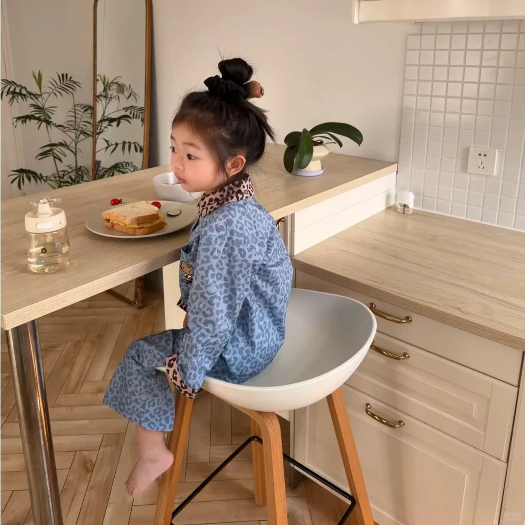 壹妈韩版童装女童秋冬家居服套装洋气儿童卡通豹纹蓝色睡衣两件套