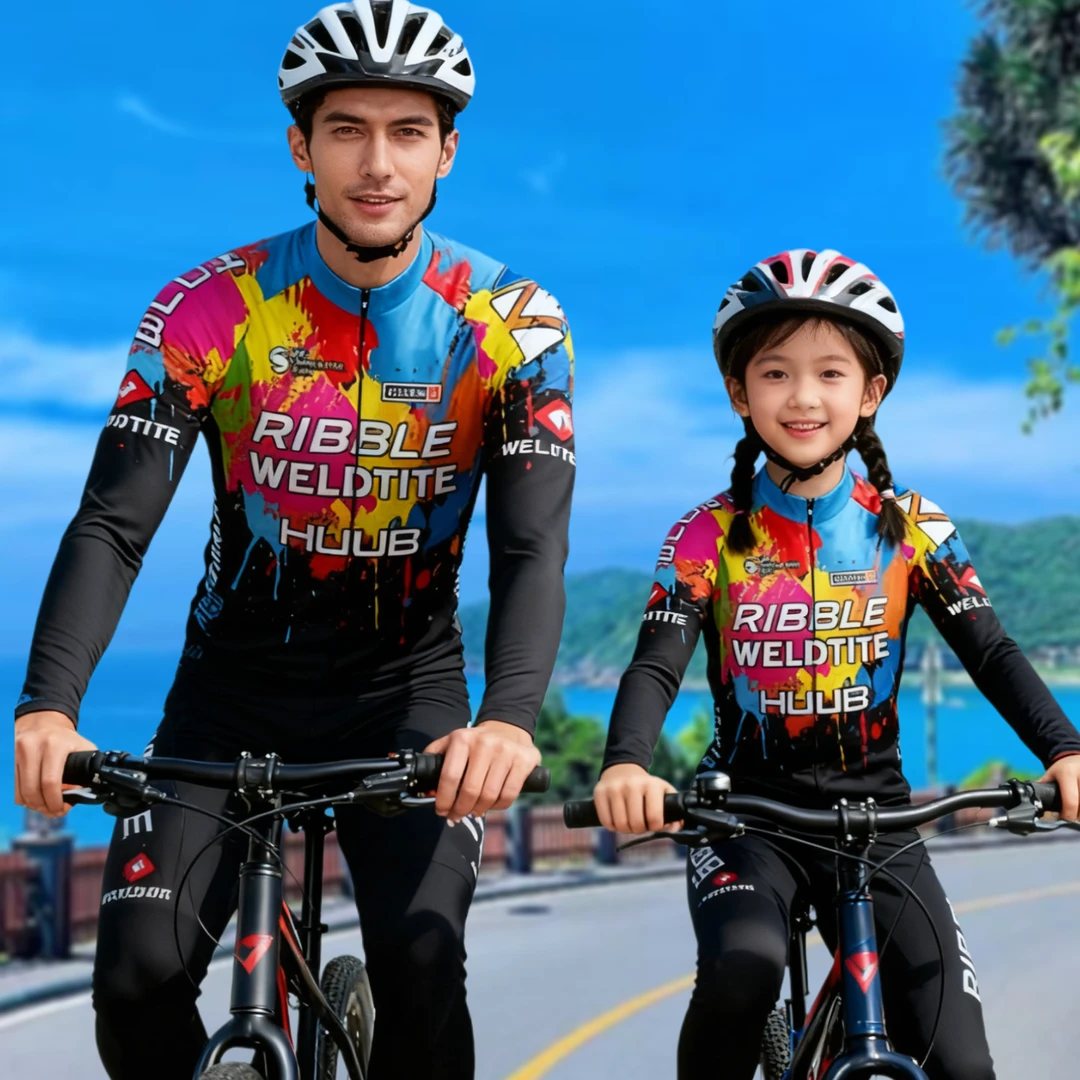 秋冬亲子加绒骑行服套装自行山地车儿童男女抓绒平衡车表演轮滑服