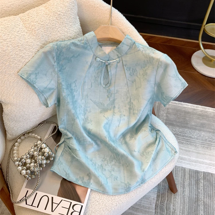 夏季新中式国风蓝色提花短袖衬衫女高级感盘扣改良旗袍领小上衣