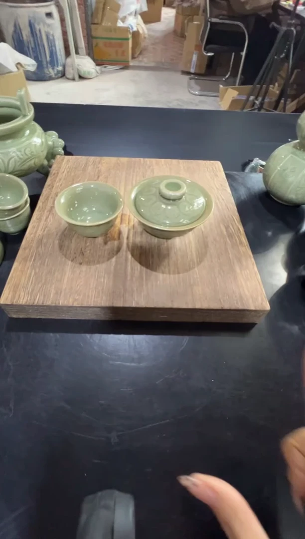 微瑕耀州窑鸳鸯莲瓣两才盖碗+鸳鸯小杯