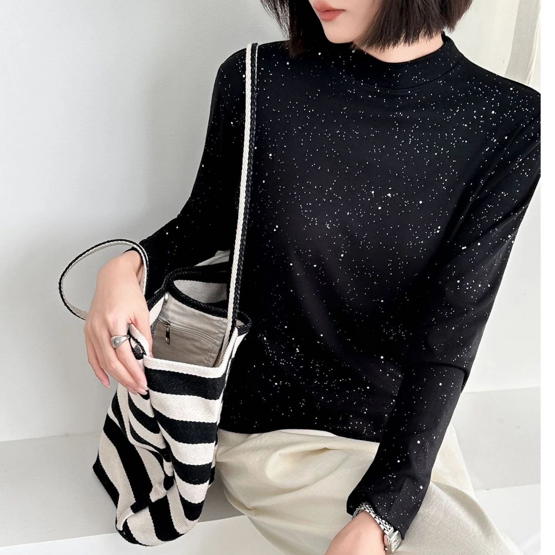 满天星小立领长袖T恤女士立领百搭打底