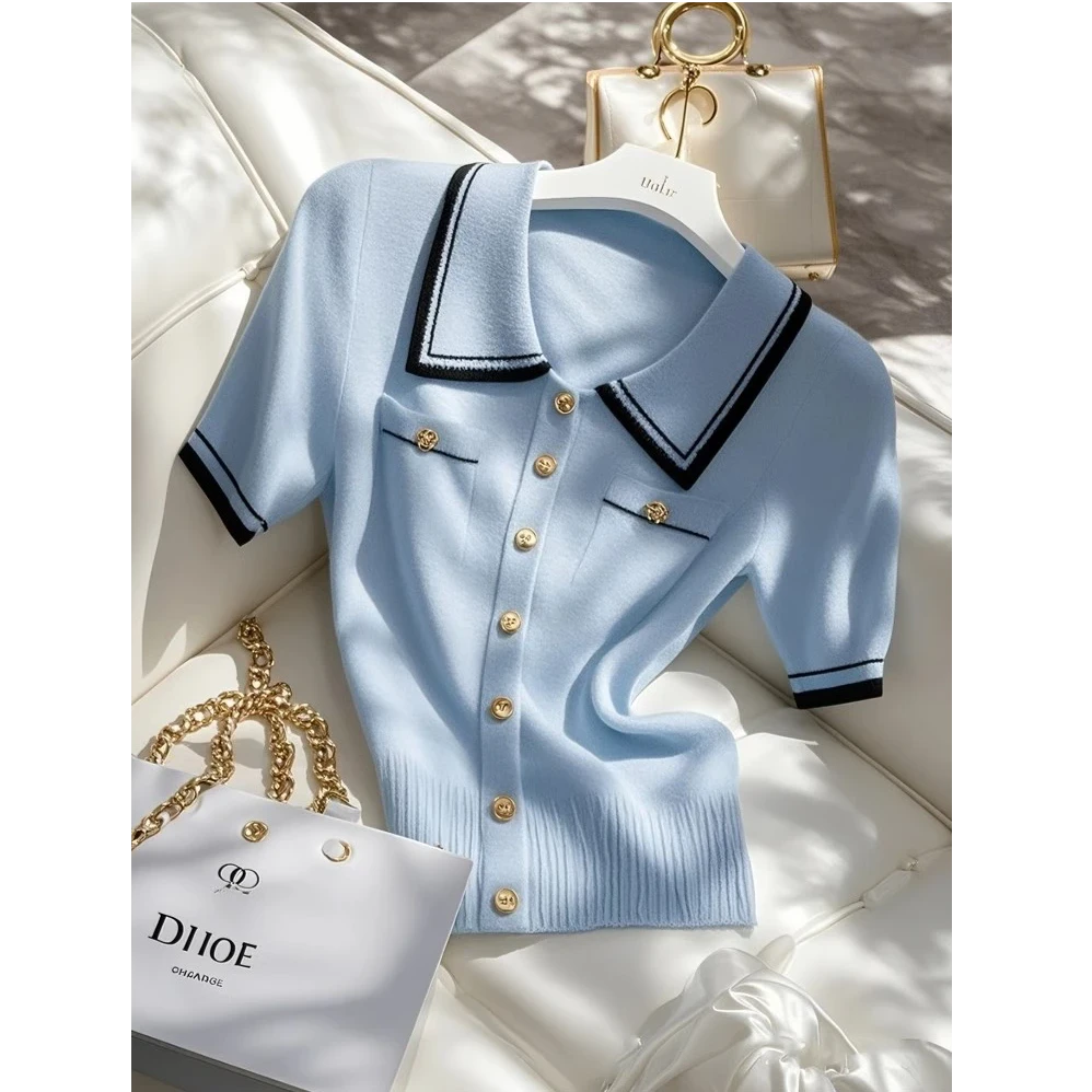 2025夏装新款浅蓝色短袖T恤女高级感超好看独特漂亮撞色针织上衣