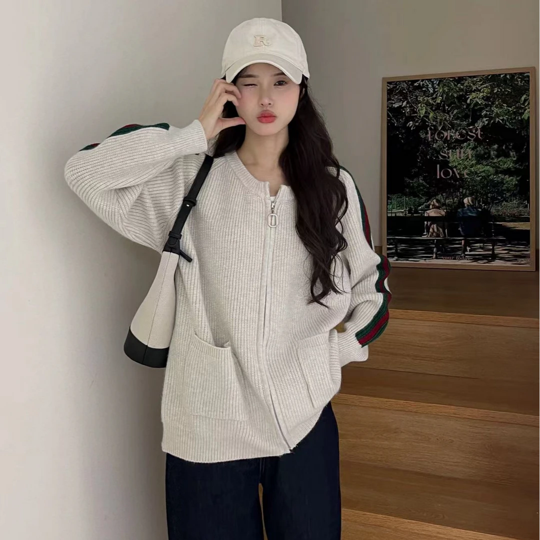 2024新款千绒纱开衫圆领拉链百搭肩膀条纹时尚洋气