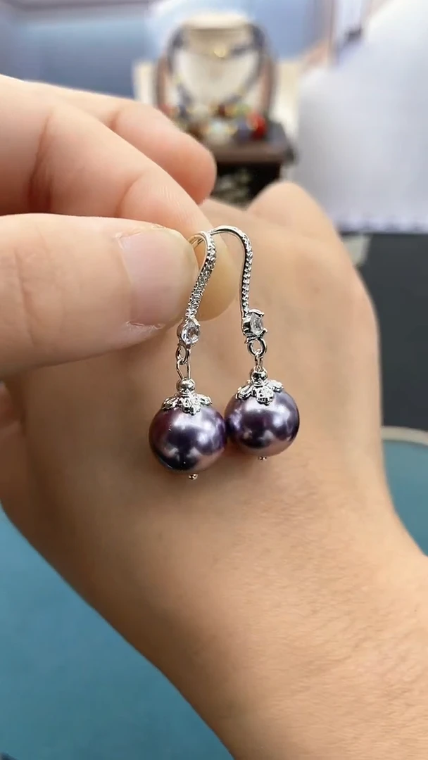 耳饰银S925镶嵌拼合珍珠（马贝珠）12mm淡紫贝珠*ZZ