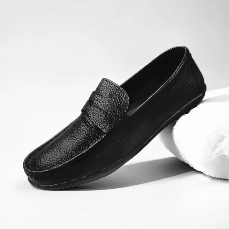 透气乐福鞋黑色真皮豆鞋男一脚蹬软底软面驾车鞋套脚牛皮鞋潮百搭