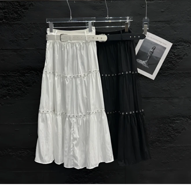 气质辣妹重工褶皱半身裙女夏季新款韩系高腰显瘦宽松遮胯大摆长裙