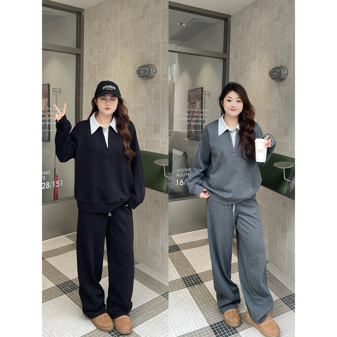 裂渡宣宣【自由旅者】显瘦加绒假两件卫衣+休闲裤女冬套装ZY511R31