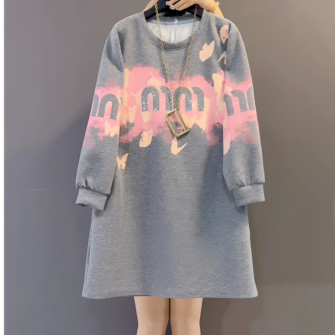 新款韩版扎染工艺重工百搭显瘦圆领连衣裙