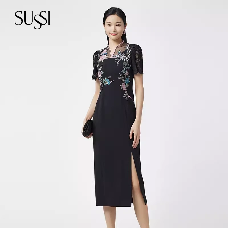 SUSSI/古色"柔雅“夏季黑色蕾丝新中式改良旗袍连衣裙