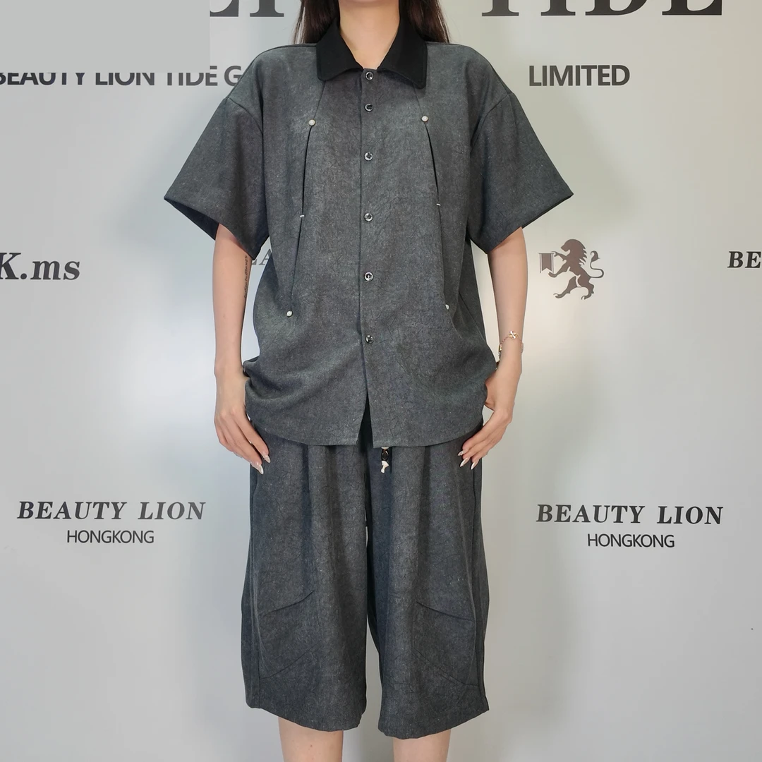 2025H·K美狮潮牌时尚夏季港风翻领气质百搭拼接休闲套装