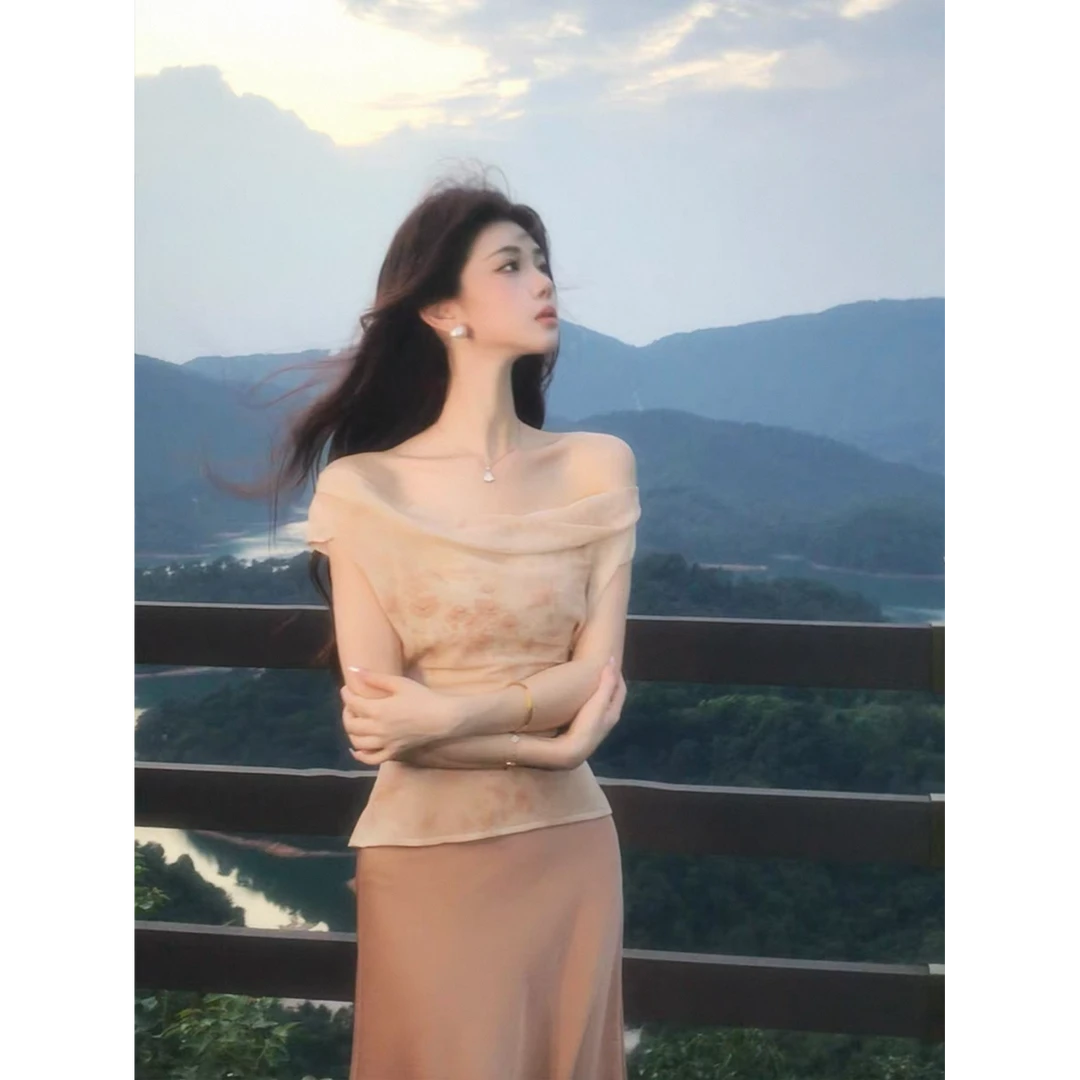 浪漫小清新套装气质荡领斜肩碎花收腰女上衣夏季鱼尾半身裙两件套