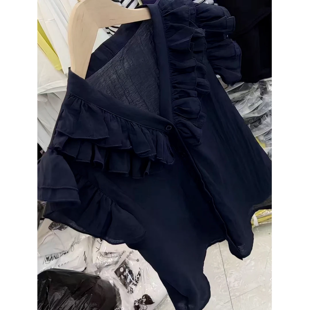 今年流行穿搭2025夏季新款温柔风荷叶边拼接褶皱衬衫减龄短袖上衣