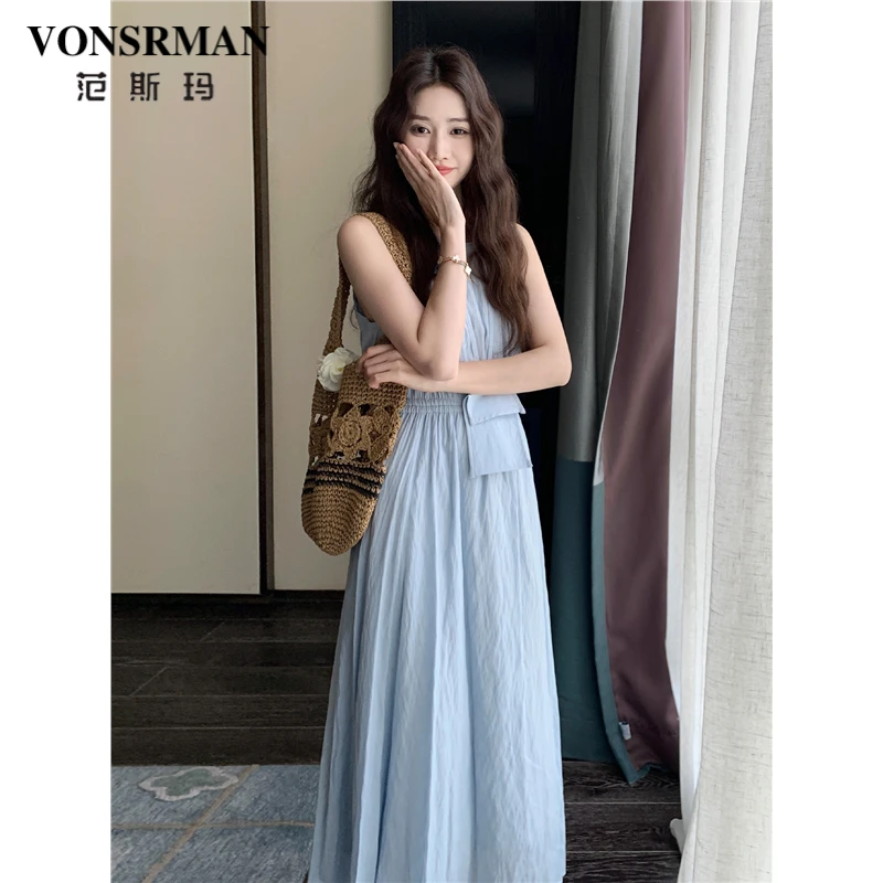 蓝色吊带连衣裙女夏季2025新款小心机后背露腰气质减龄温柔风长裙