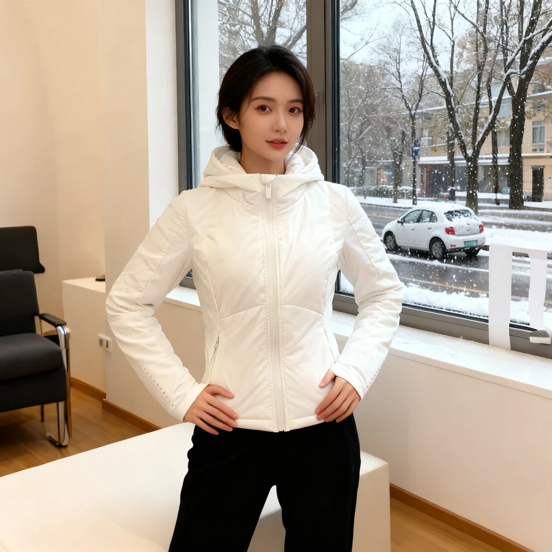 修身薄款连帽休闲减龄拼接拉链外套女秋冬时尚运动休闲羽绒服上衣