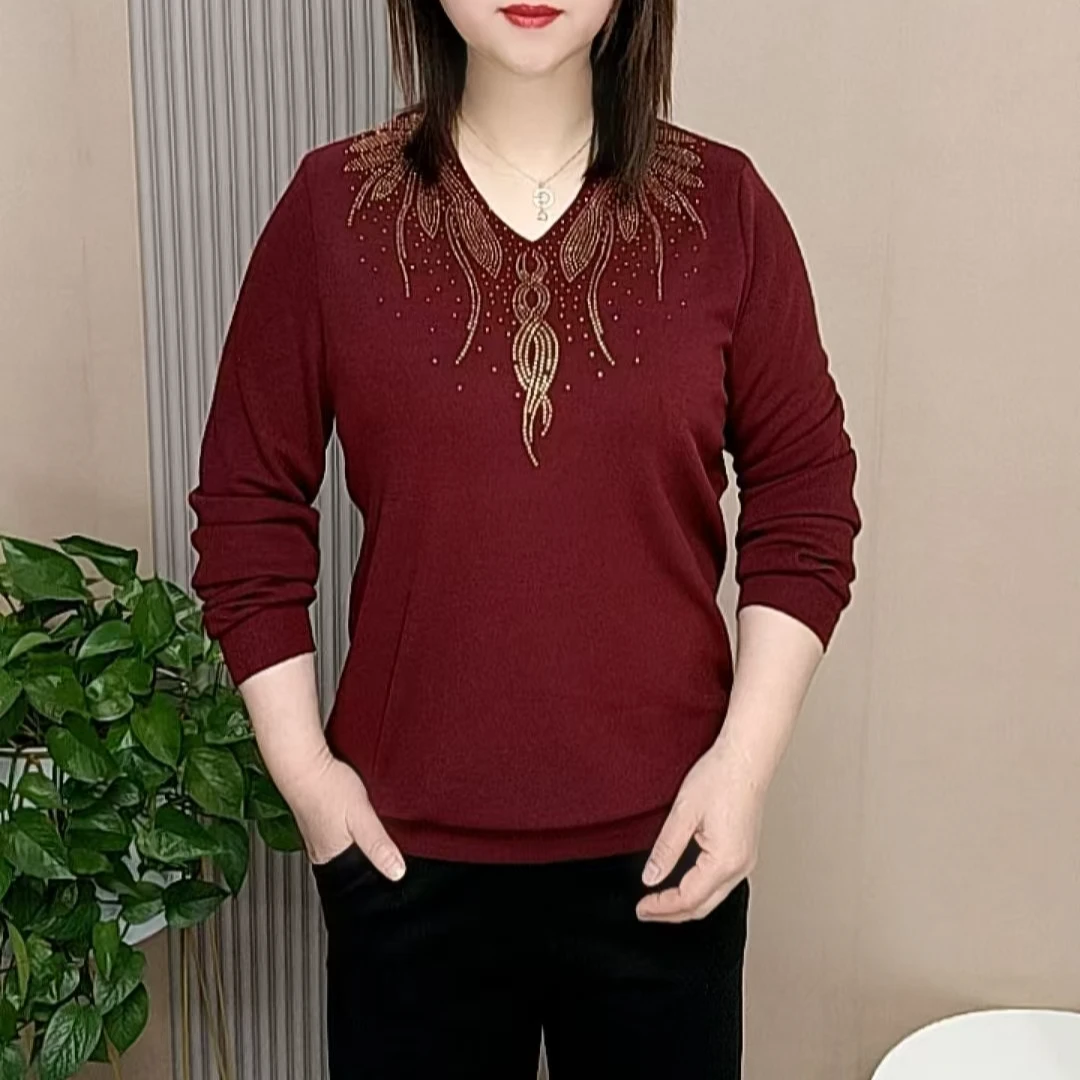 春季新款时尚洋气百搭V领烫钻休闲宽松高端气质显瘦长袖上衣女