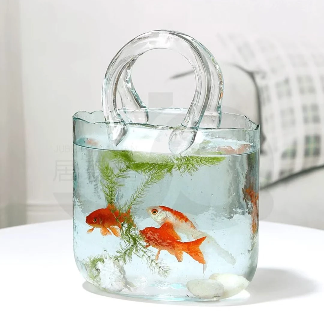 网红蓝色包包手提桌面金鱼缸客厅小型家用ins风透明玻璃花瓶摆件