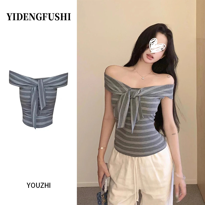 2025灰色辣妹条纹一字肩短袖恤女夏季修身扭结露肩短款上衣