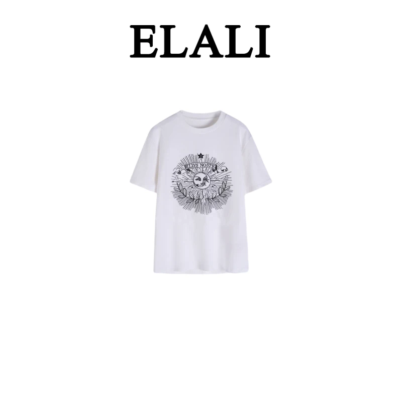 ELALI休闲时尚百搭潮流复古圆领中版T恤7061白