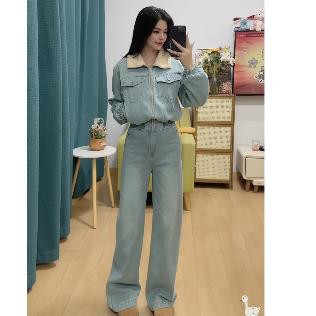 韩国东大门2025秋冬洋气加绒加厚牛仔套装女外套阔腿牛仔裤两件套