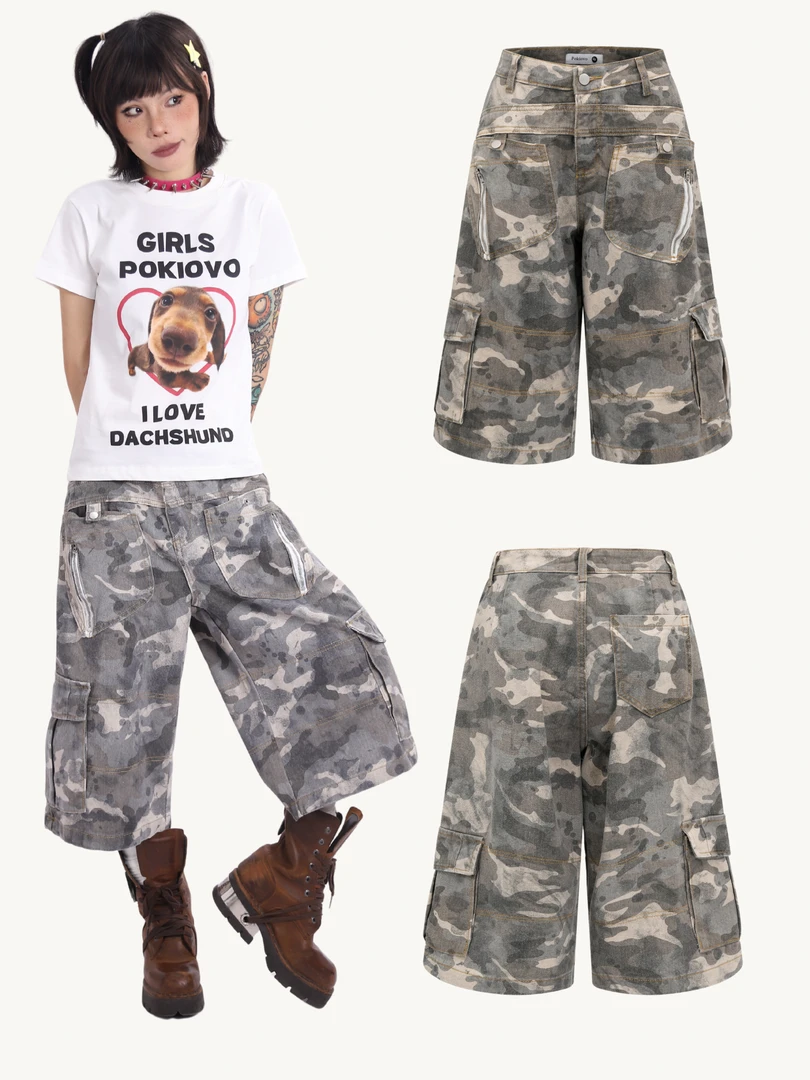 happyes“白桦树”原创牛仔工装迷彩七分裤/多口袋重工夏季酷短裤