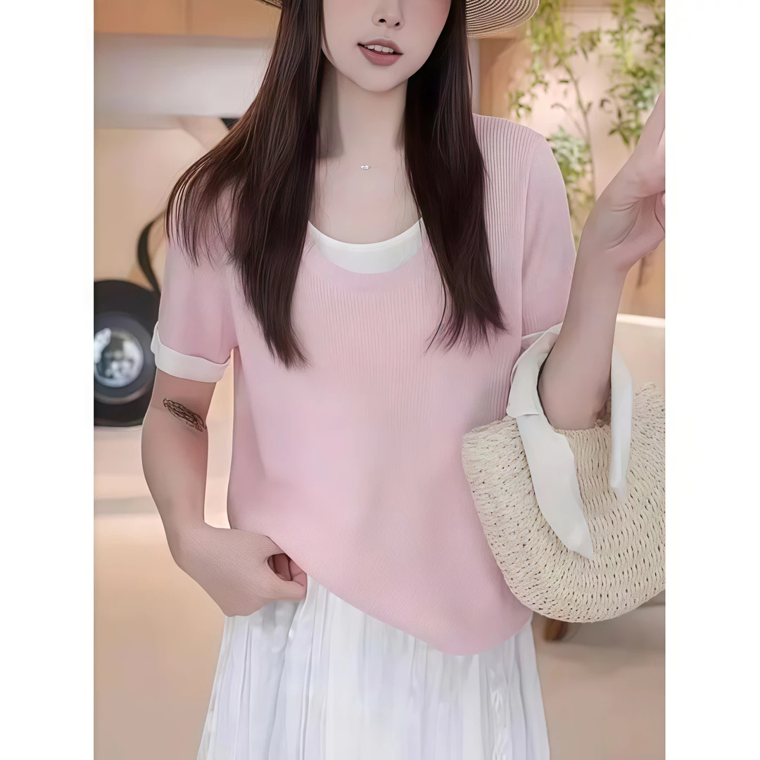 设计感欧若风假两件撞色短袖T恤女2025夏季新款气质时尚减龄针织