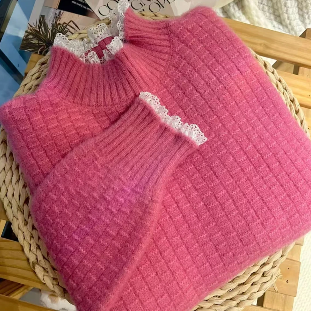 【不起球】加厚蕾丝貂绒新款中领打底衫毛衣女洋气百搭针织打底503