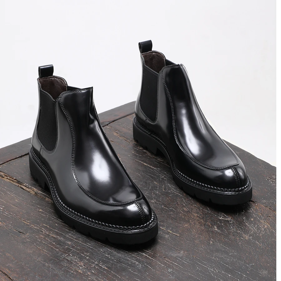 轻便增高切尔西男靴真皮秋冬新款高帮皮鞋英伦亮面保暖马丁靴百搭