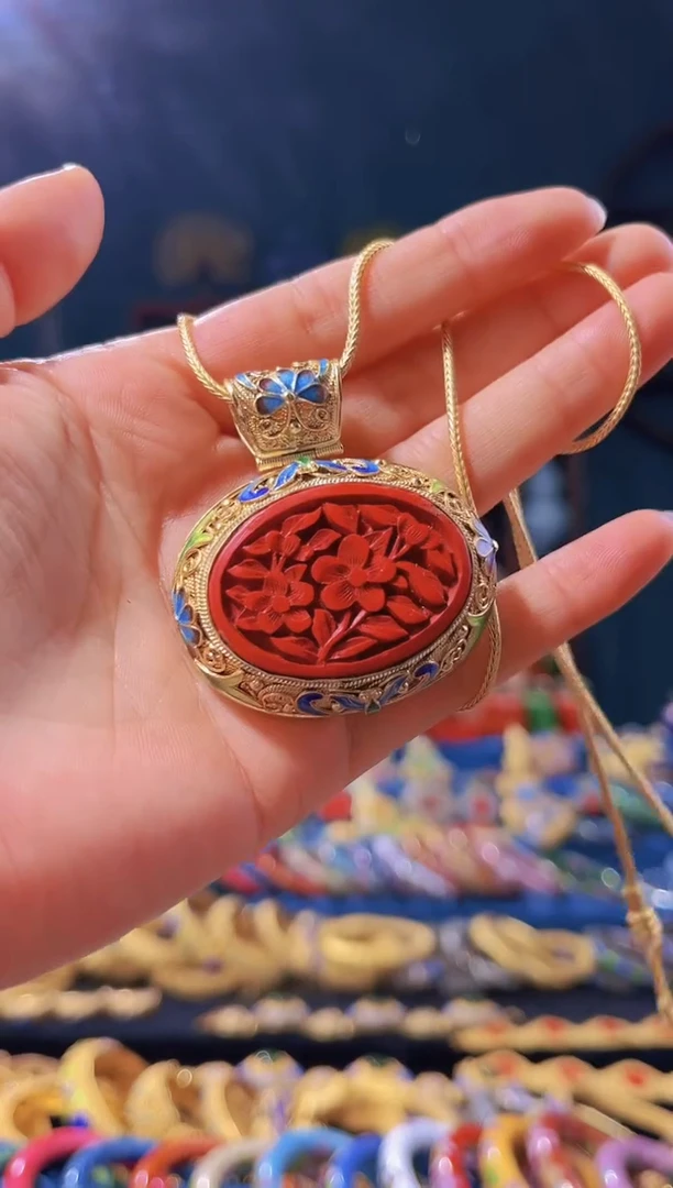 【闪购商品】非遗技艺 花丝镶嵌雕漆吊坠 椭圆