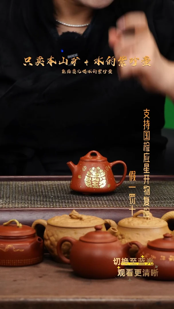 茶壶紫砂原矿龙山朱泥 全手描金小高瓢