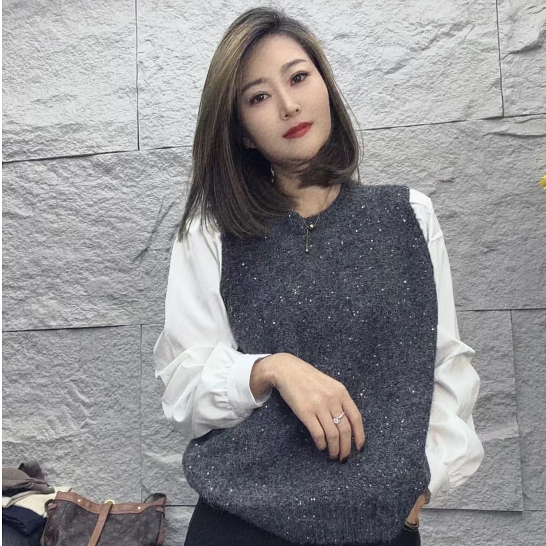 春款亮片假两件衬衣