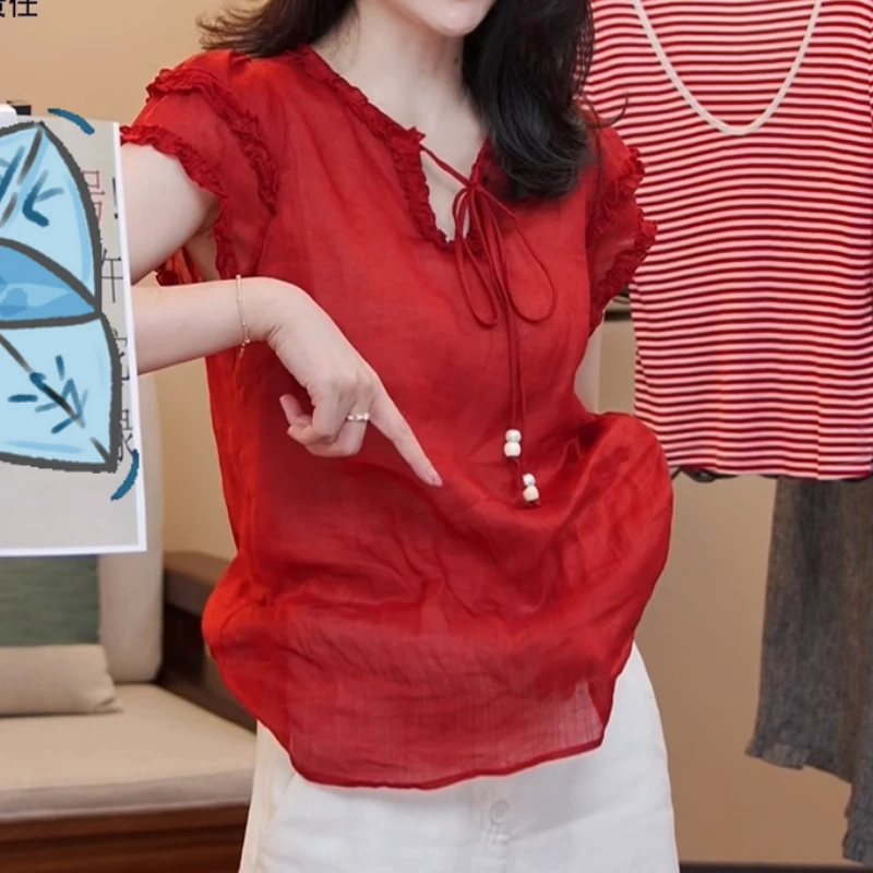 2025韩系减龄系带木耳边短袖衬衣LK2504115