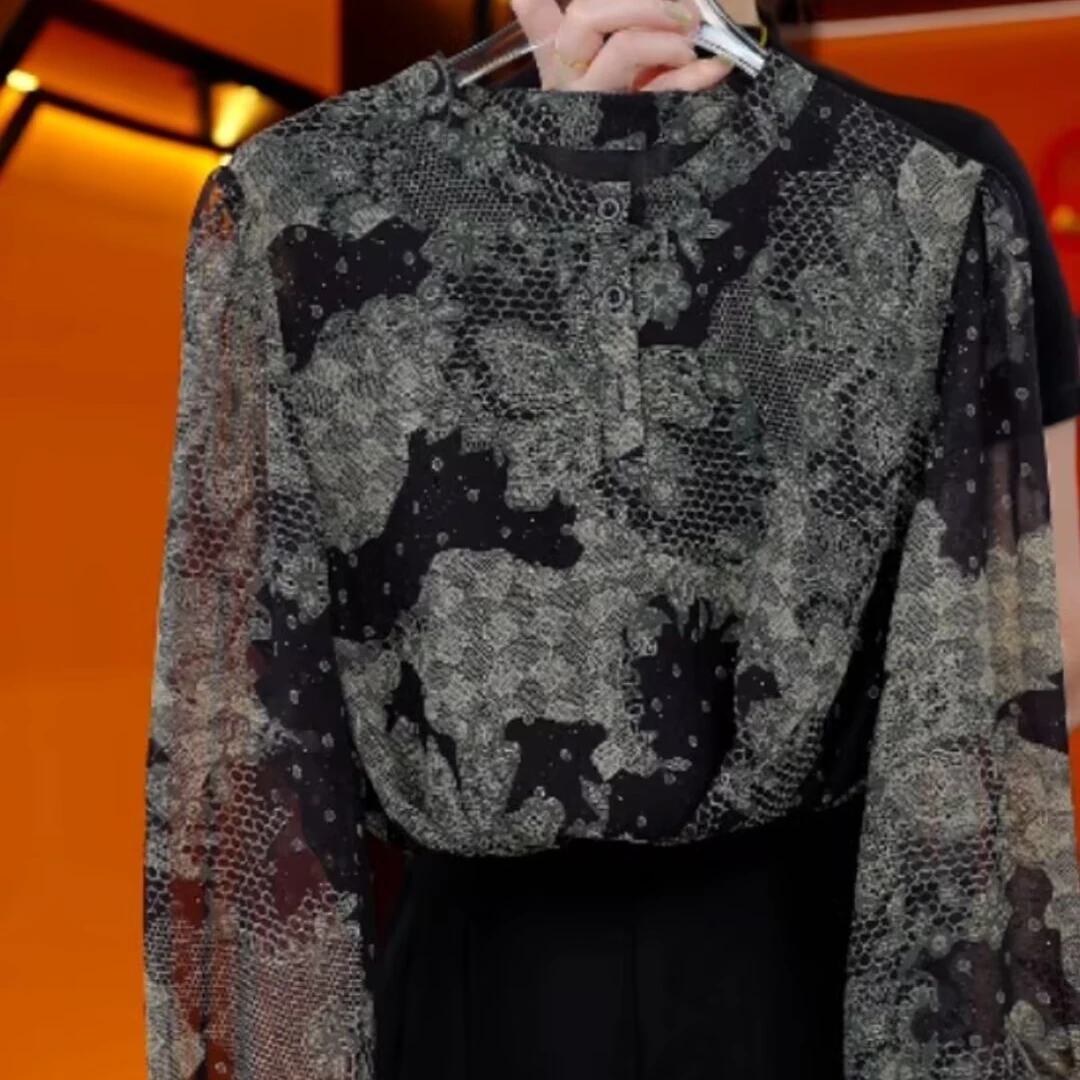 春夏垂感薄款印花冰丝衬衫长袖2025新款大码胖mm宽松显瘦防晒小衫