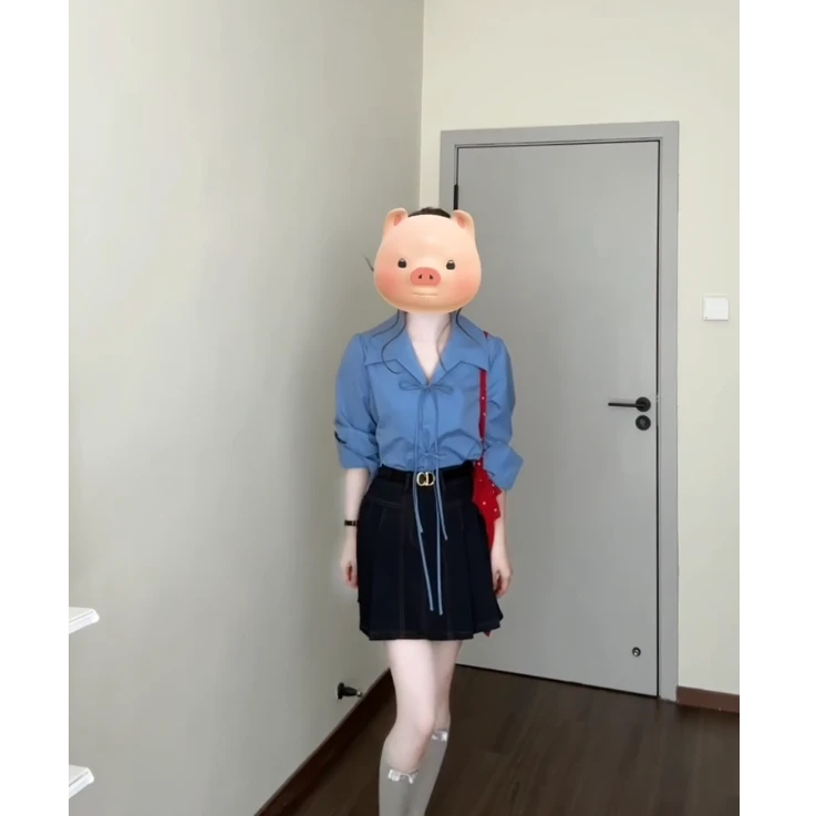 MARIE.COCO大码高级感绑带翻领蓝色衬衫长袖女打底上衣时尚半身裙