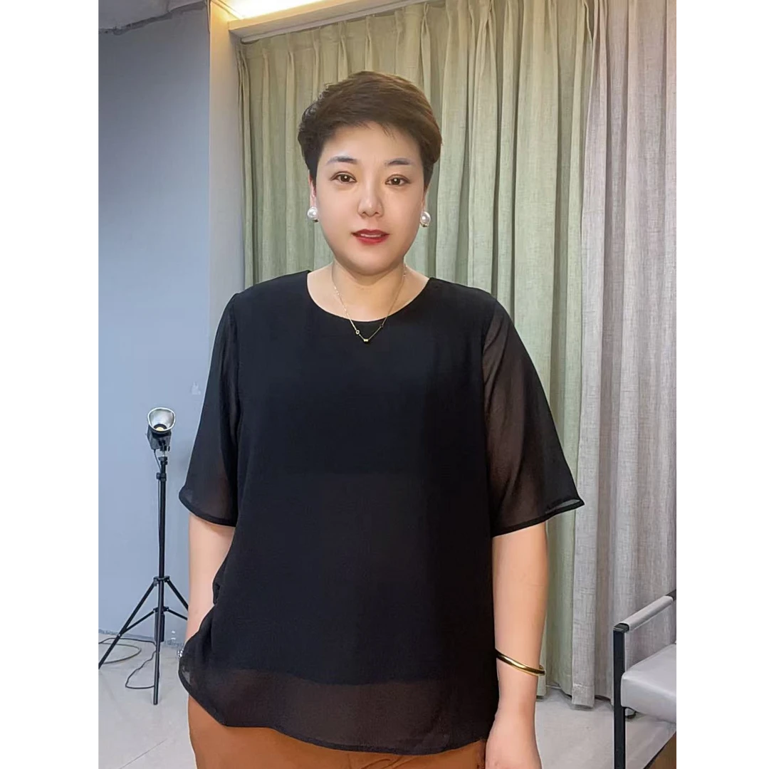 夏季气质舒适纯色宽松遮肚中袖双层纱上衣加肥加长版