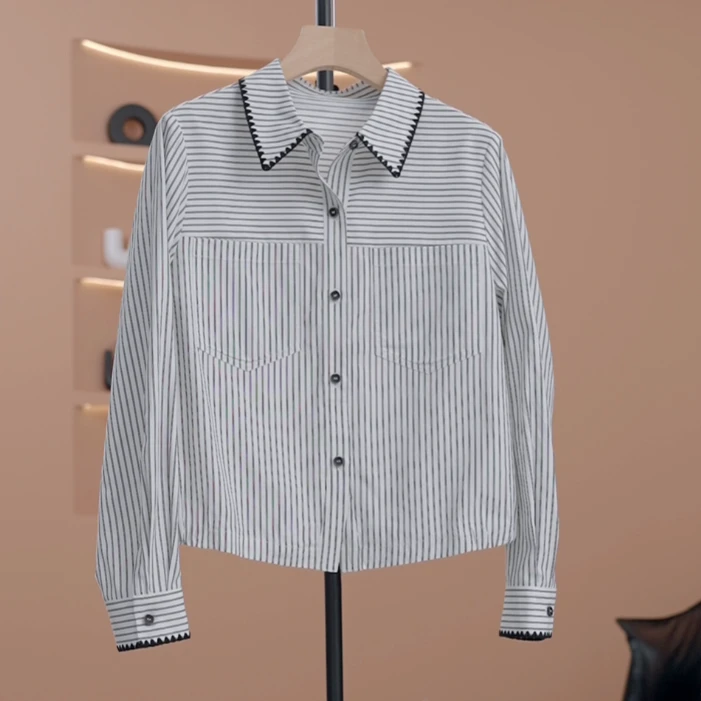 【蕊蕊】条纹衬衫上衣女早秋新款通勤休闲衬衣Y18089