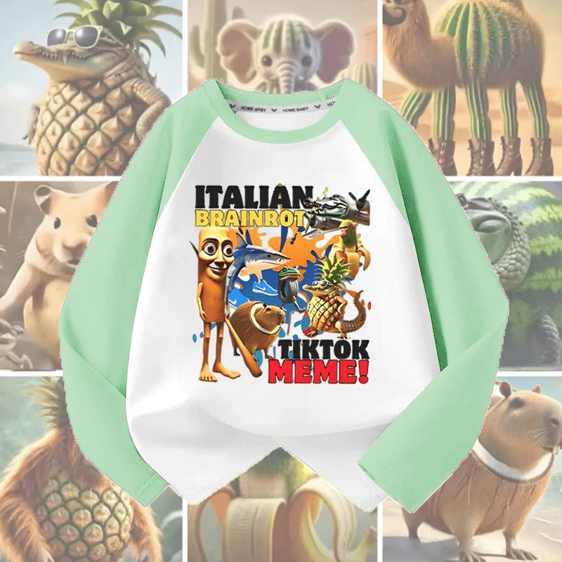 2025秋季国外山海经通通木棍人儿童t恤插肩衣服男女童长袖上衣潮