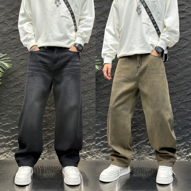 纯色做旧直筒裤百搭秋冬加绒休闲长裤时尚复古爆款美式宽松牛仔裤