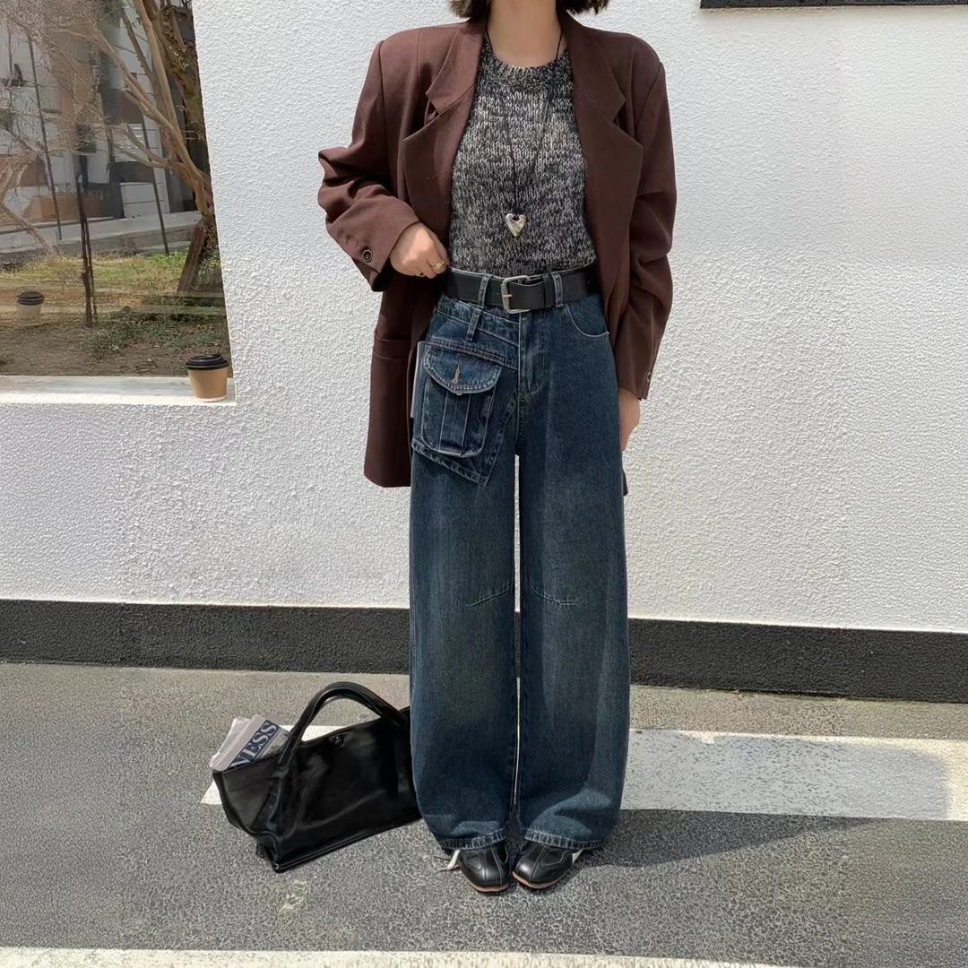 复古做旧高腰工装牛仔裤女2025年秋季新款宽松百搭口袋阔腿弯刀裤