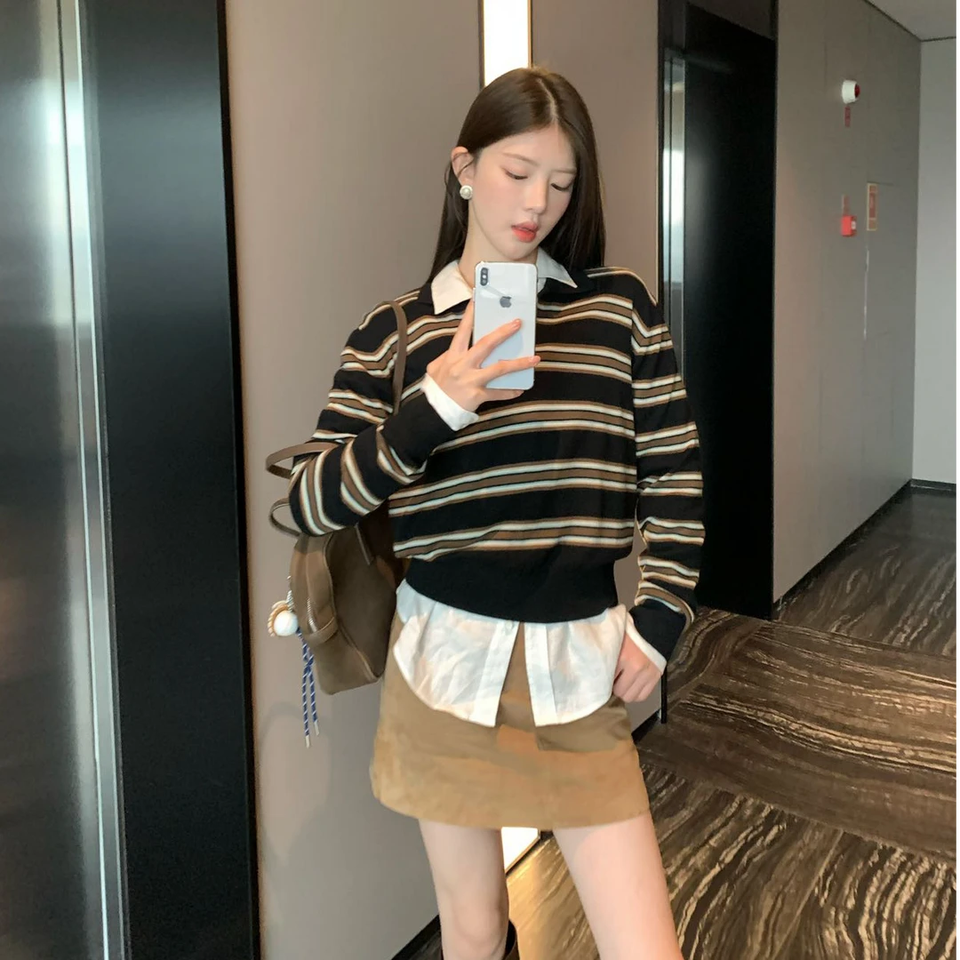 宽松条纹翻领条纹长袖上衣时尚套装休闲性感辣妹INS风半身裙外穿