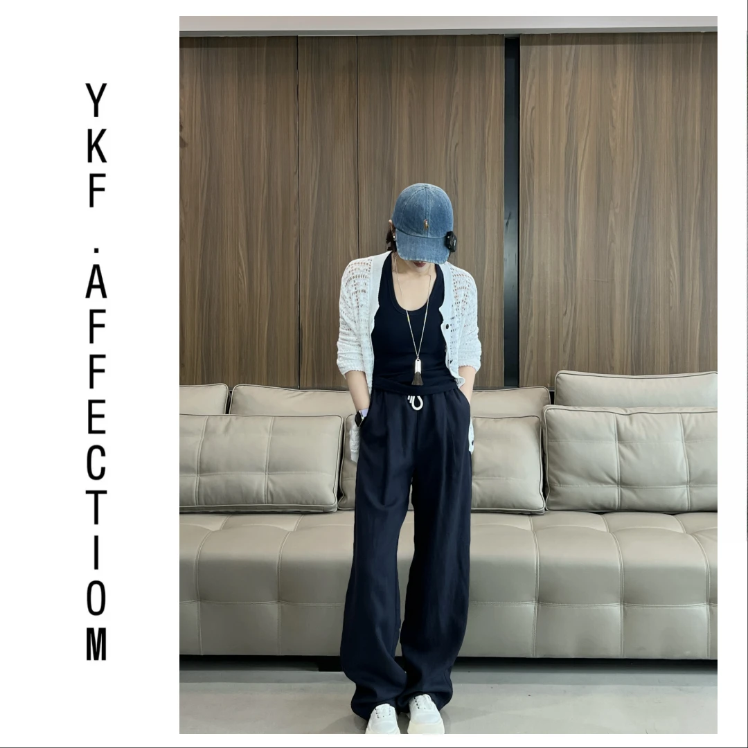 薄款时尚潮流显瘦抽绳静奢风拼接法式高定撞色腰头亚麻裤42906